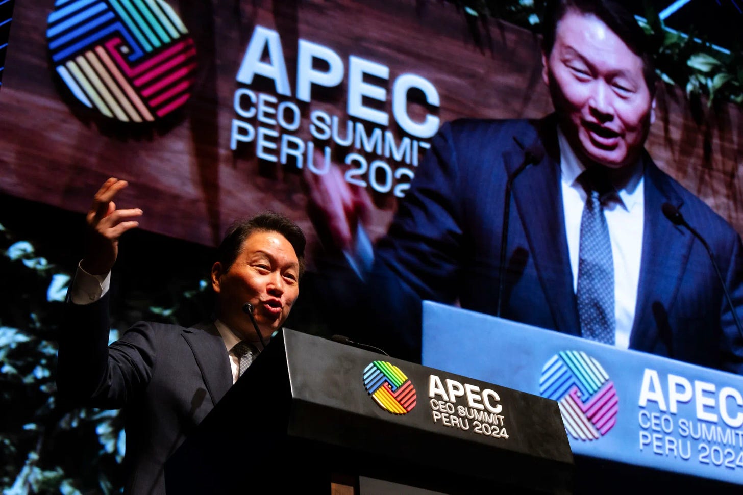 Chey Tae-won, chairman of SK Group, speaks during the Asia-Pacific Economic Cooperation CEO Summit in Lima, Peru.