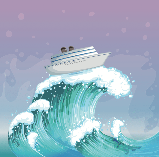 Cartoon cruise liner lifted high above the sea on a very large wave