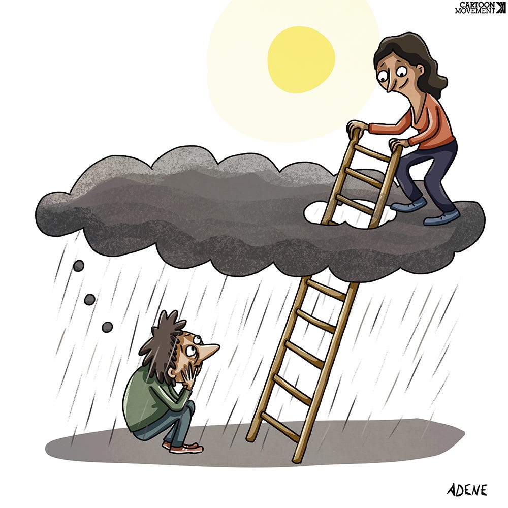 Cartoon showing a man sitting depressed on the ground with a thought bubble hanging as a dark grey cloud over his head, with rain falling down upon him. A woman is standing on the cloud/thought bubble, where the sun is shining, placing a ladder through a hole in the cloud.