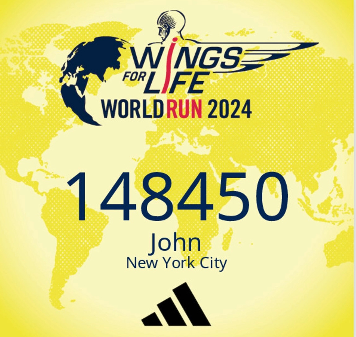 Race bib for 2024 New York City Wings for Life World Run. 