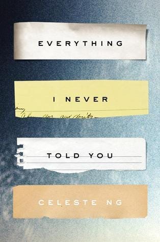 “Everything I never told you” typed on various strips of note paper on a grainy blue background.