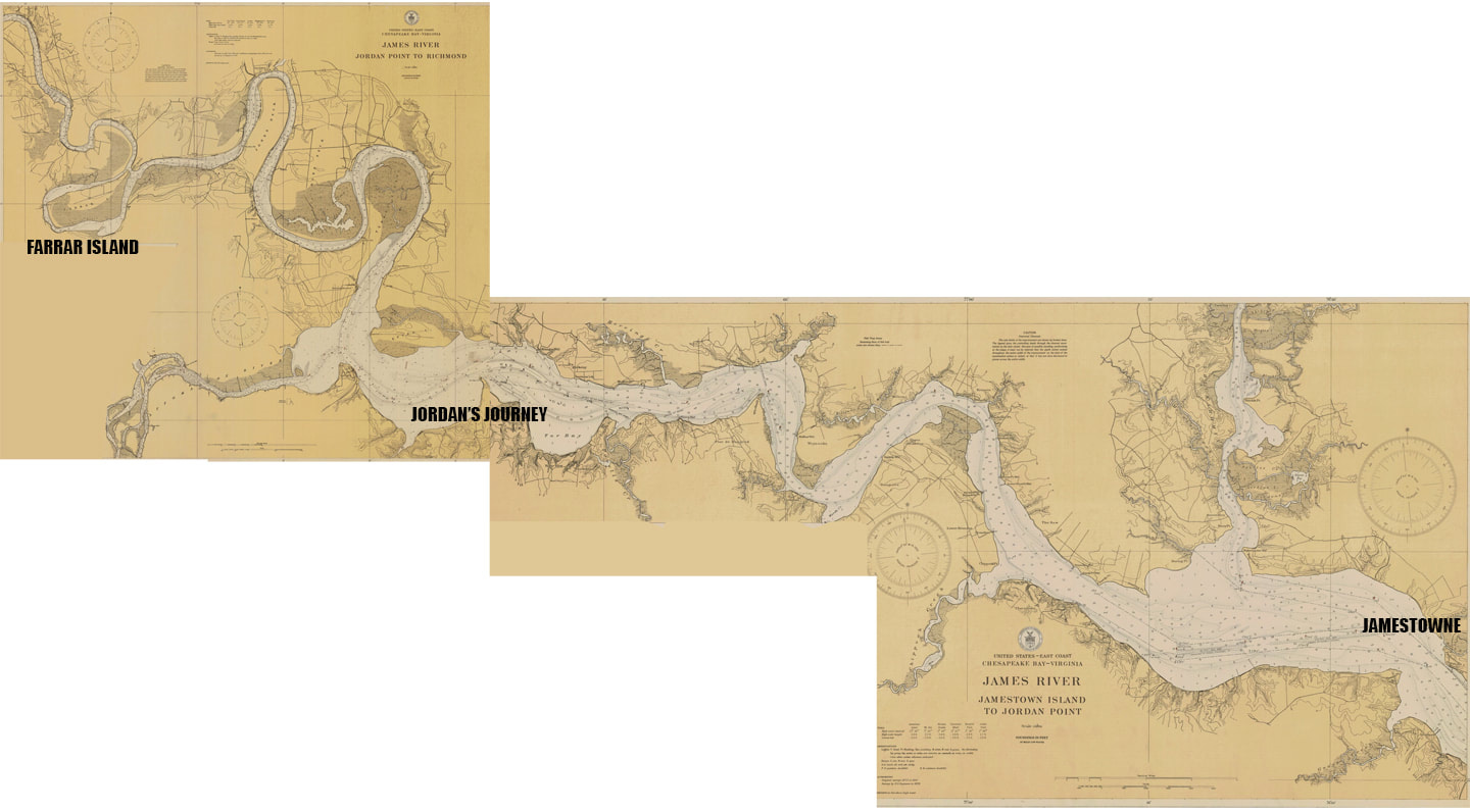 Map showing locations of Farrar Island, Jordan's Journey, Jamestown in Colonial Virginia