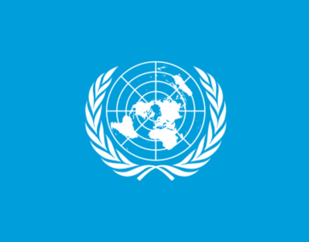 The emblems on the UN flag light blue background are all white.  Emblems consist of a pair of olive tree branches form a U shape around a map of the world that is an azimuthal equidistant projection. The azimuthal map is one on which all points on the map are at proportionally correct distances from the center point, and all points on the map are at the correct direction from the center point.