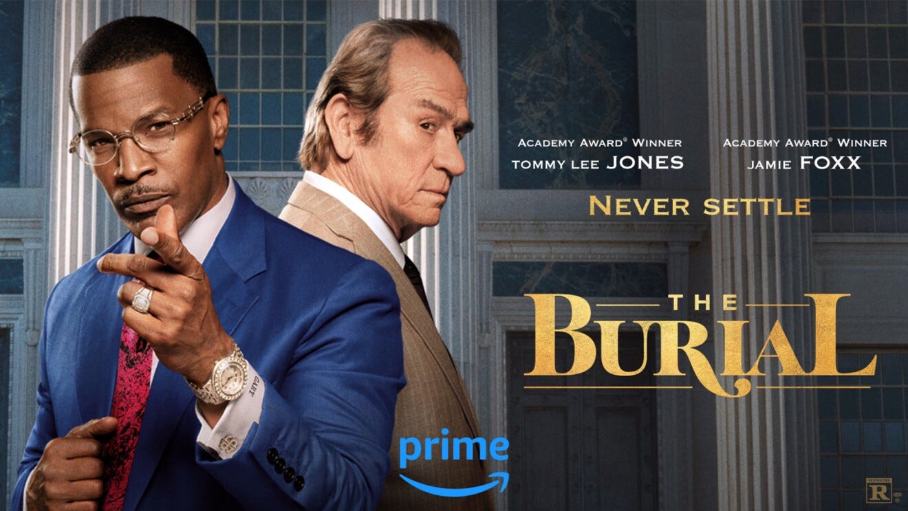 Jamie Foxx and Tommy Lee Jones on the official promotional banner for Prime Video's The Burial.  