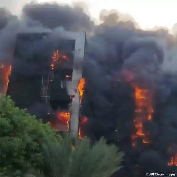 The Greater Nile Petroleum Oil Company, one of Khartoum's most iconic buildings, engulfed in flames Sunday, as fighting between the army and the RSF enters sixth month