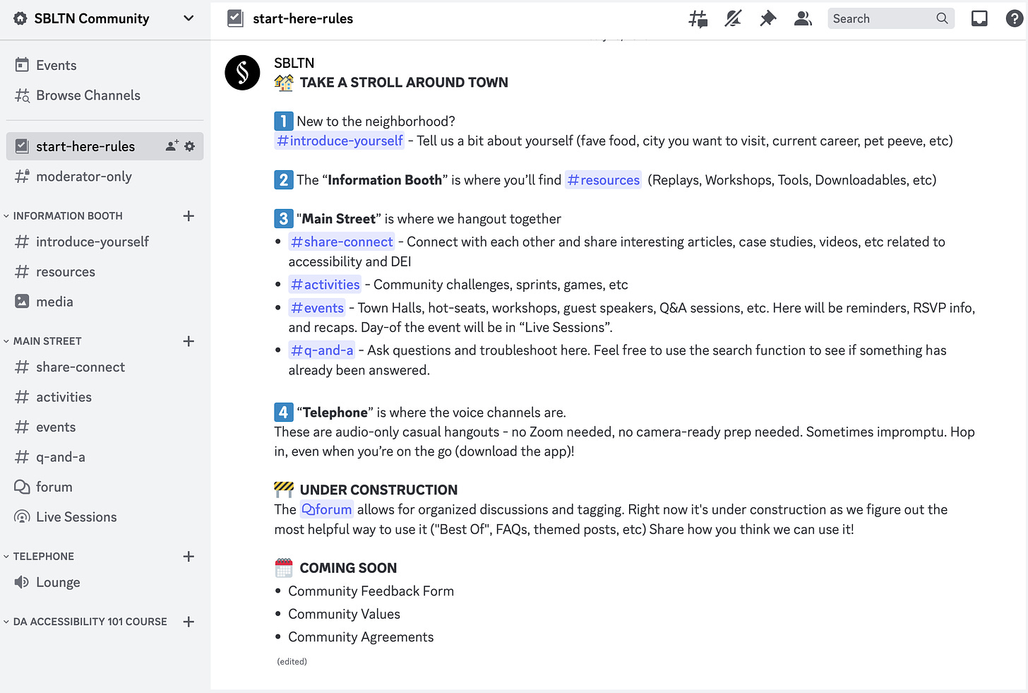Screenshot of Discord, the platform hosting the community. Chat channels include introductions, resources, activities, and more