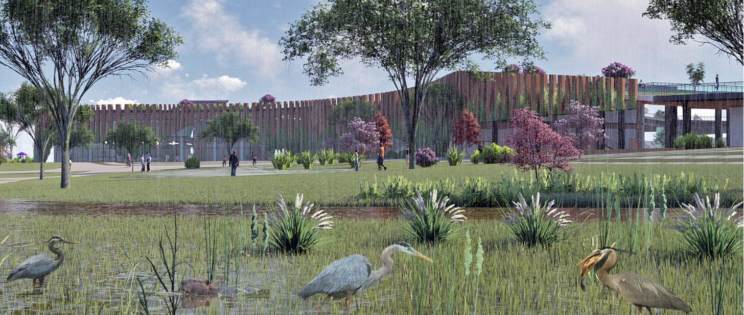 Curved, wood-slat-covered community center in background, heron and ducks in foreground wading in wetlands