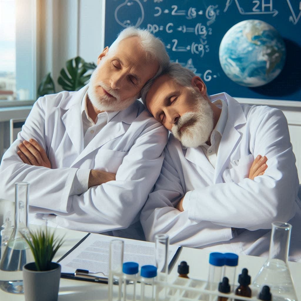 Middle aged Climate scientists in white coats sleeping in their lab