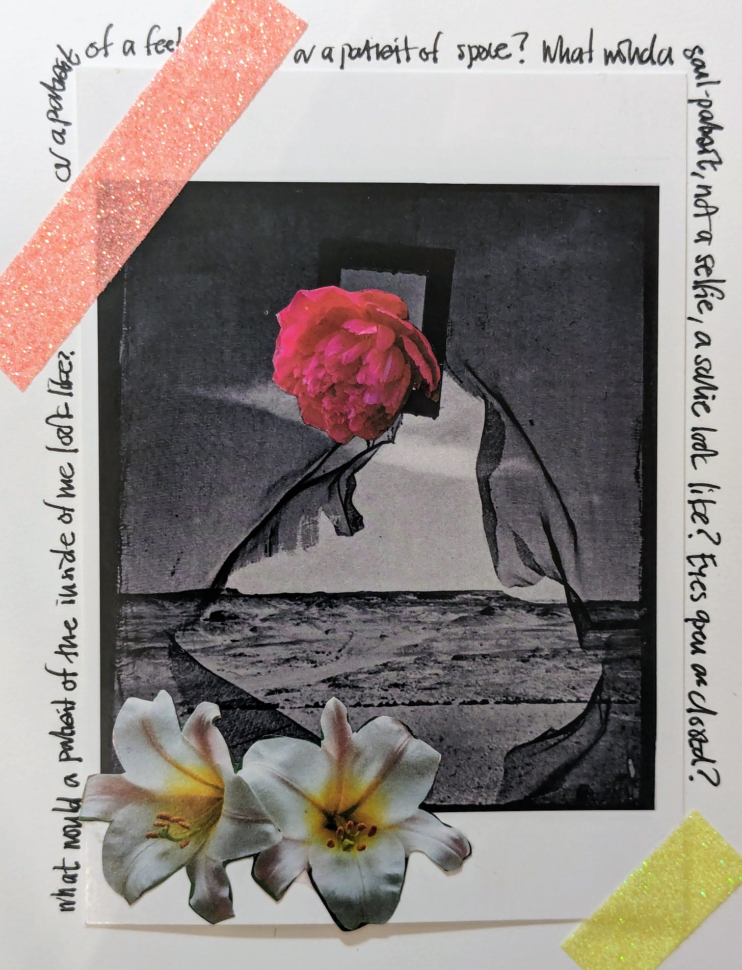 Altered image: black and white photographic print by artist Lee Miller in a postcard format, altered with collage of bright flowers and text 
