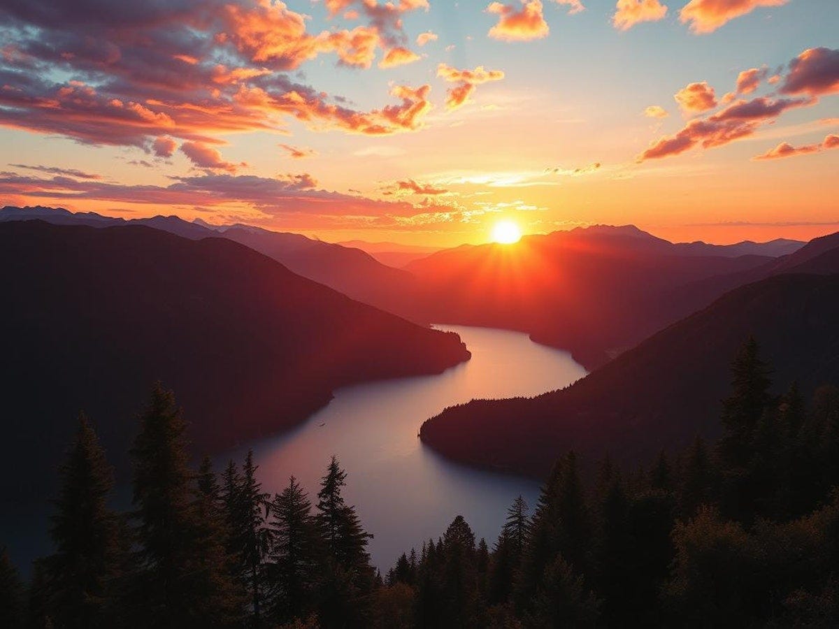 "The most beautiful sunrise ever seen with the sun visible fully, with mountains, Bright colors, vivid hues, amazing picture, water and trees, multicolored sky, an awesome, awe-inspiringly beautiful image."