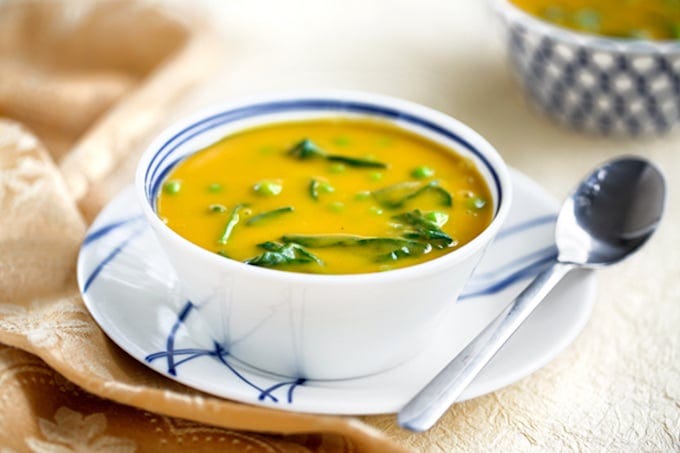 Instant Butternut Squash soup with spinach & peas