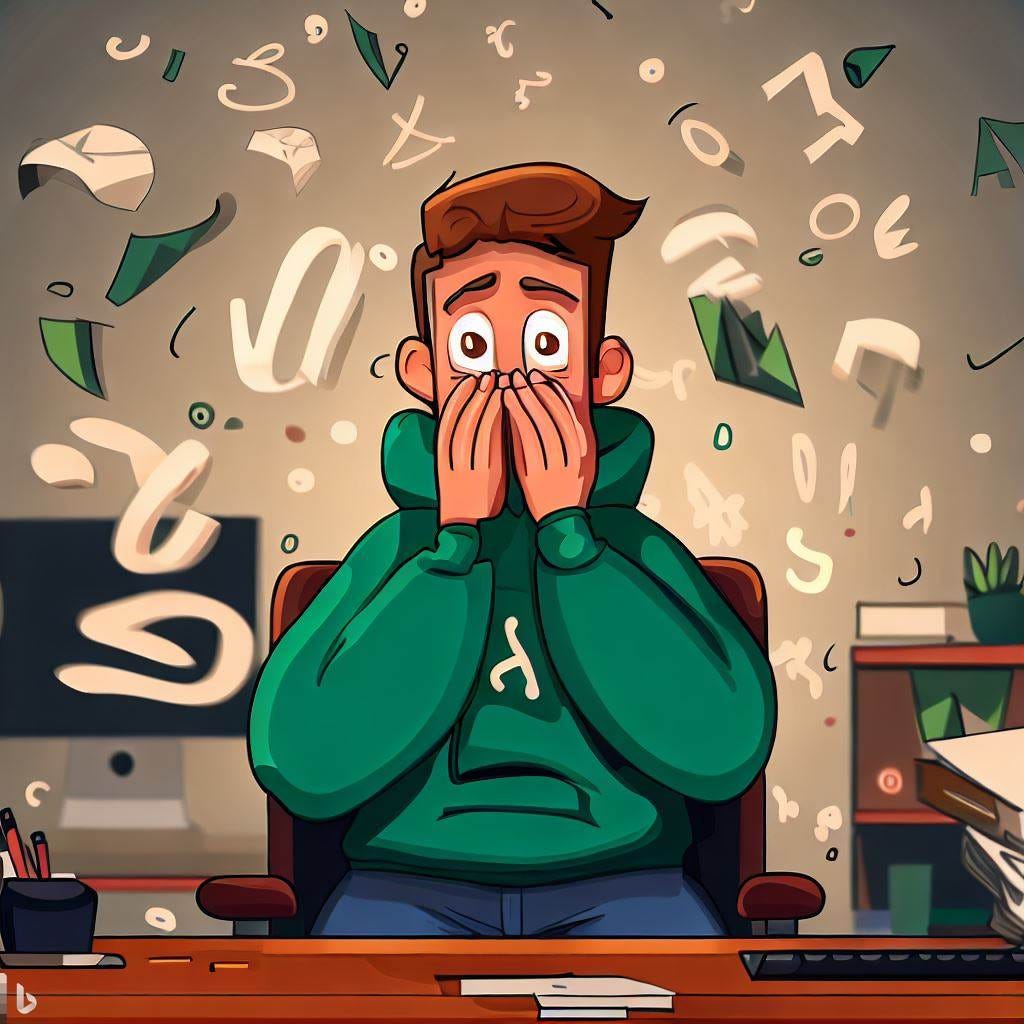 A cartoon of a man sitting in an office with his hands over his mouth surrounded by flying letters.