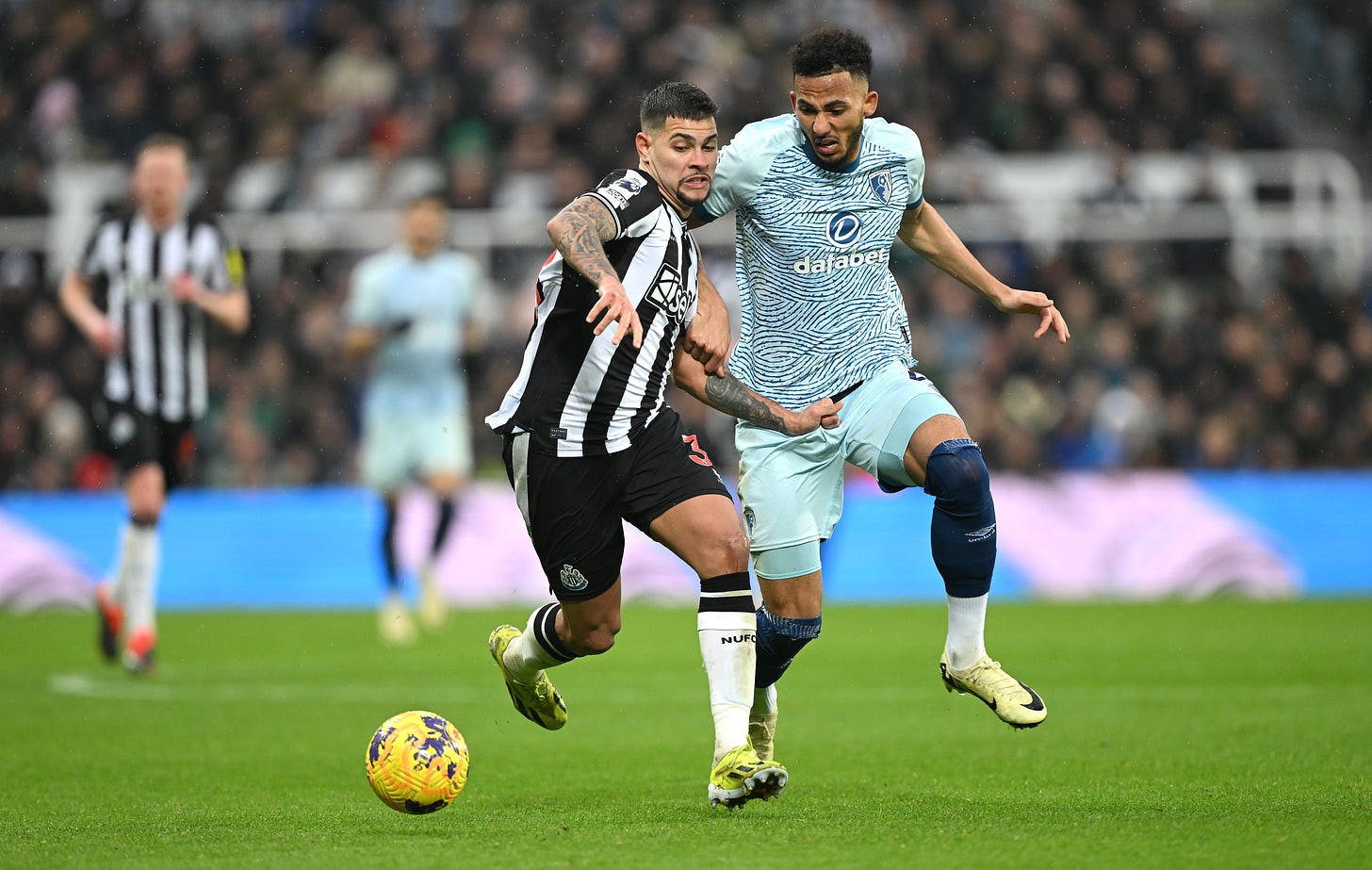 Defender Lloyd Kelly pictured (right) in action for Bournemouth against Newcastle United in a 2-2 draw in February 2024