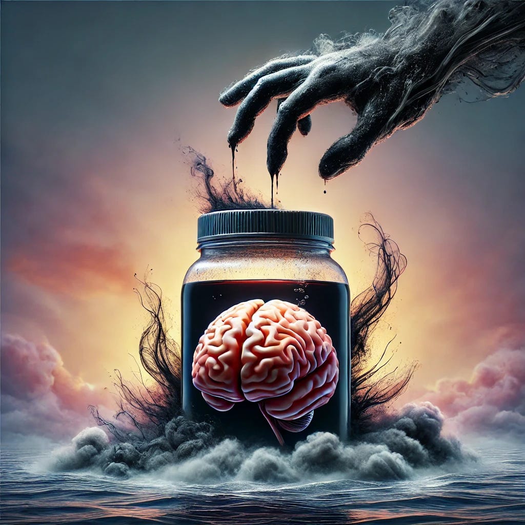 A conceptual square image depicting the idea of Alzheimer's disease as a result of poisoning. The scene should evoke a sense of hidden danger, with subtle elements like a cloudy or misty atmosphere. In the foreground, incorporate symbolic representations like a brain partially submerged in a liquid that suggests toxicity, perhaps with faint, dark tendrils emerging from the liquid, symbolizing the spread of poison. The colors should be muted and somewhat dark, emphasizing the ominous theme. The overall feel should be unsettling and thought-provoking, with a strong visual metaphor for the concept of hidden toxicity leading to disease.