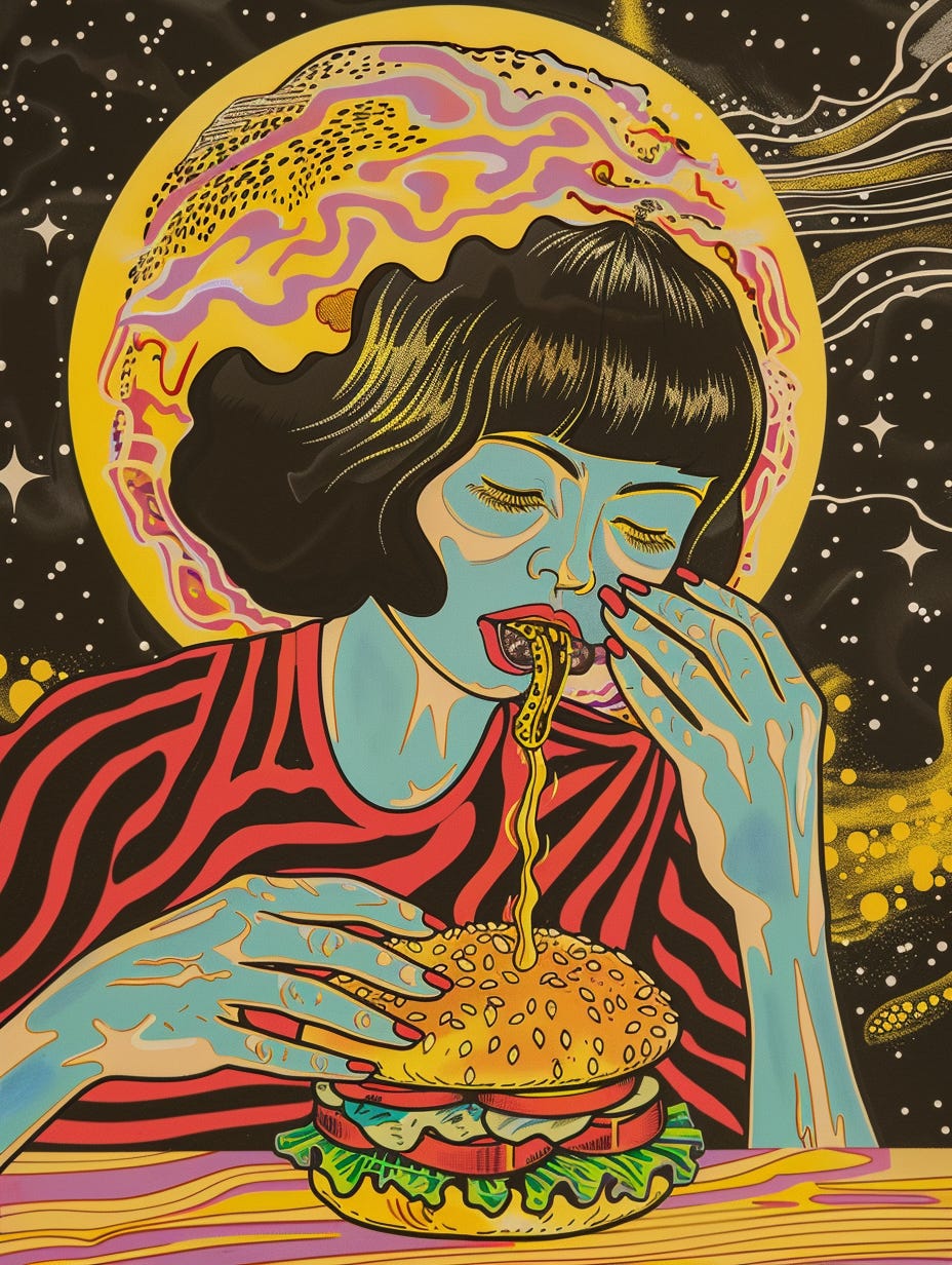 Tarot card featuring a surreal painting of a woman eating a burger. The woman is blue and appears to be vomiting.