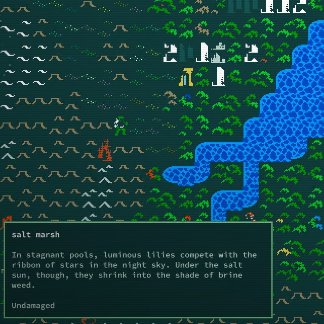 A player walks on the Caves of Qud world map and inspects a salt marsh tile.