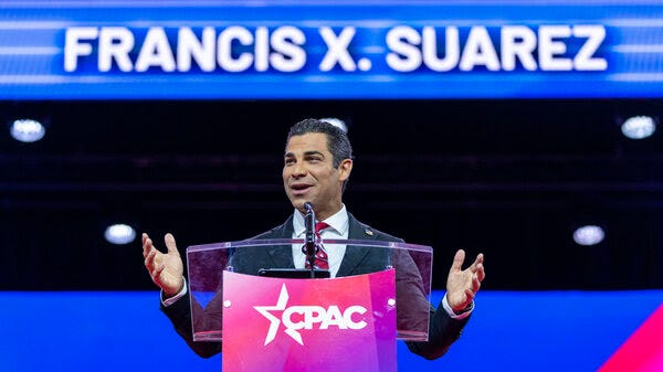 : Miami Mayor Francis Suarez speaks at the Conservative Political Action Conference in March at National Harbor in Oxon Hill, Md.