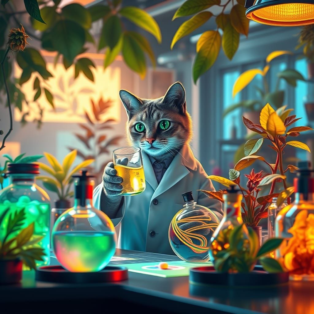 AI Cat scientist seeking cognitive enhancement by replacing pharmaceuticals with plant medicine