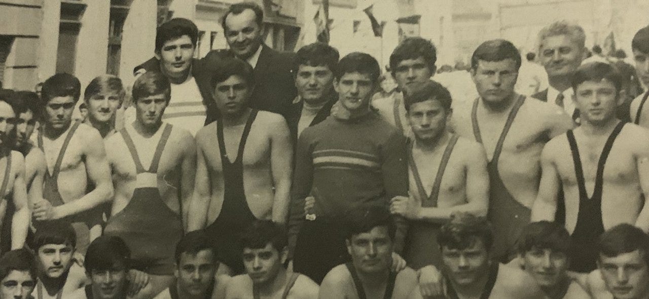 A 1970 photo showing Teodor Nastu standing first from right. In rear on the left is Roman Codreanu, the super-heavyweight wrestler who went on to win multiple international medals for Romania.