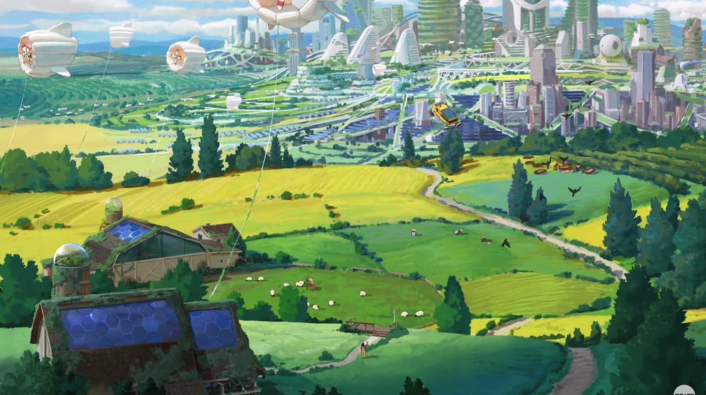 A still from a Chobani anime commercial featuring a solarpunk future and a score from a Ghibli composer.