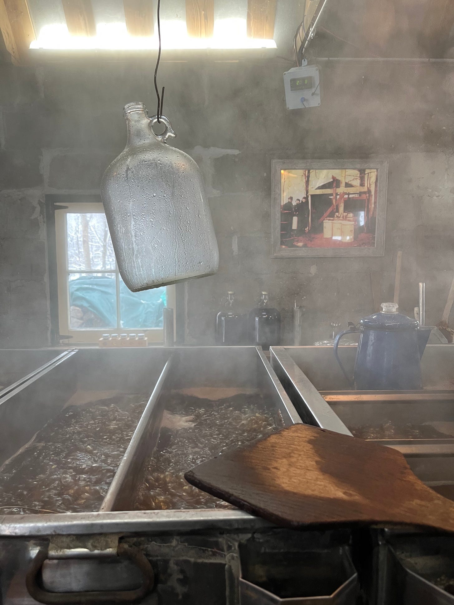 A photo of maple sap being boiled to make syrup.