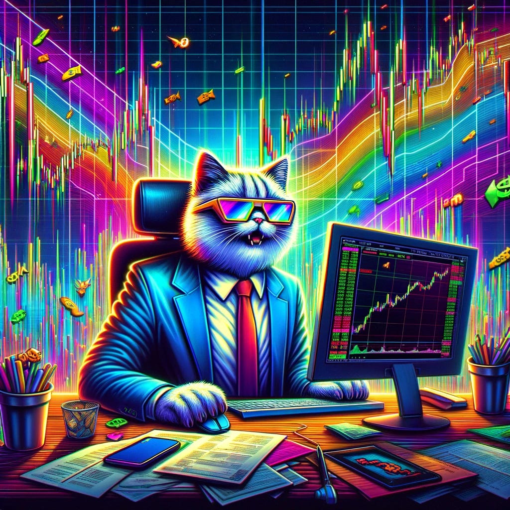 A digital artwork depicting the return of a stock analyst known as 'Roaring Kitty' in an abstract and metaphorical style. The scene shows a large, anthropomorphic cat wearing glasses and a suit, sitting behind a computer with stock charts on the screen. The background is vibrant, filled with soaring stock symbols and colorful lines representing stock movements. The mood is chaotic yet exciting, capturing the frenzy around meme stocks. The style is cartoonish with a modern, digital feel, full of dynamic elements to reflect the market's volatility.