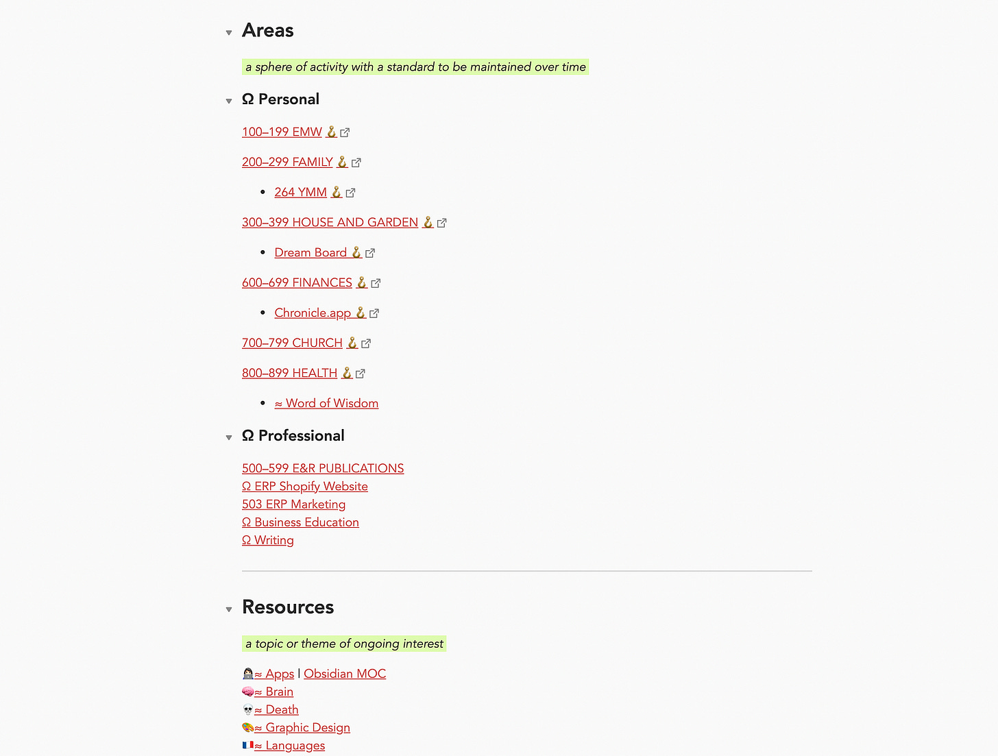 Screenshot of my Index page in Obsidian, showing a mixture of Johnny Decimal and Tiago Forte’s P.A.R.A. system