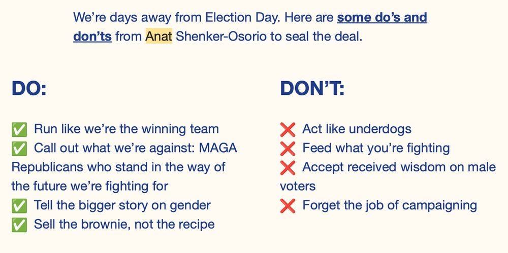 We’re days away from Election Day. Here are some do’s and don’ts from Anat Shenker-Osorio to seal the deal.
DO:

✅  Run like we’re the winning team
✅  Call out what we’re against: MAGA Republicans who stand in the way of the future we’re fighting for
✅  Tell the bigger story on gender
✅  Sell the brownie, not the recipe
DON’T:

❌  Act like underdogs
❌  Feed what you’re fighting
❌  Accept received wisdom on male voters
❌  Forget the job of campaigning