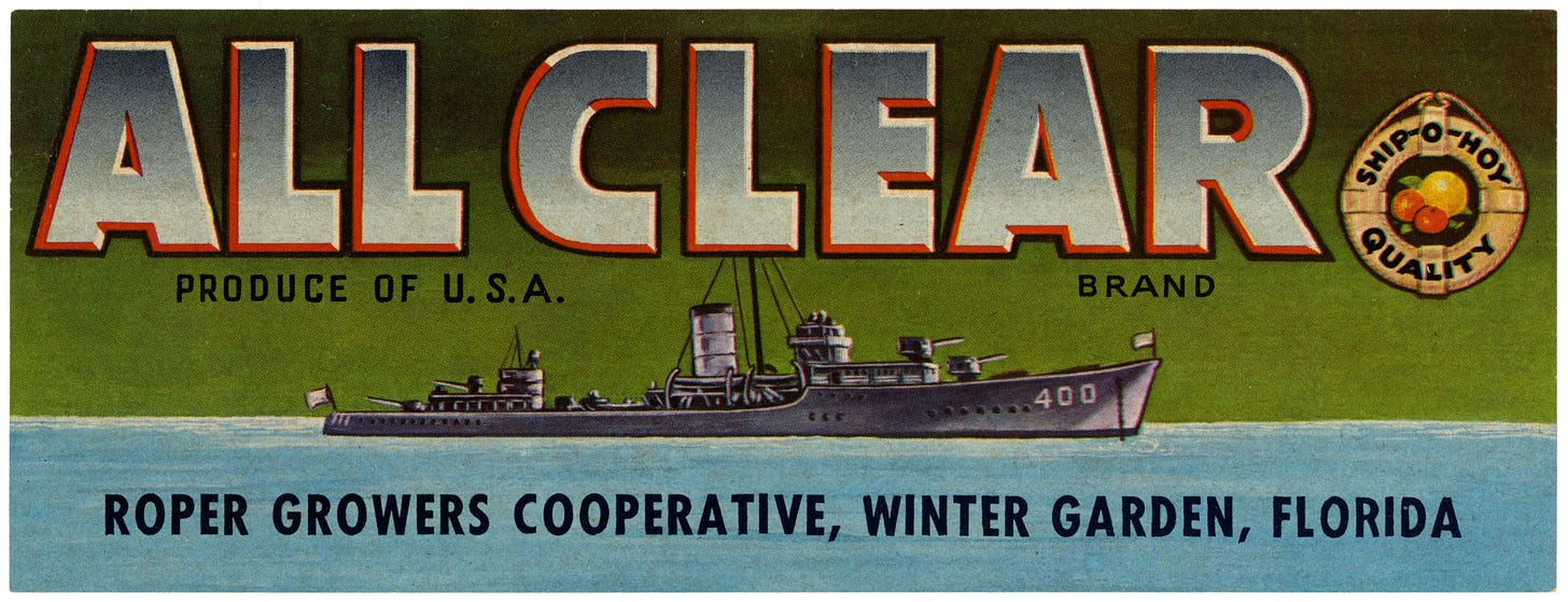 Citrus label with the words All Clear and a battleship drawing against a green background.