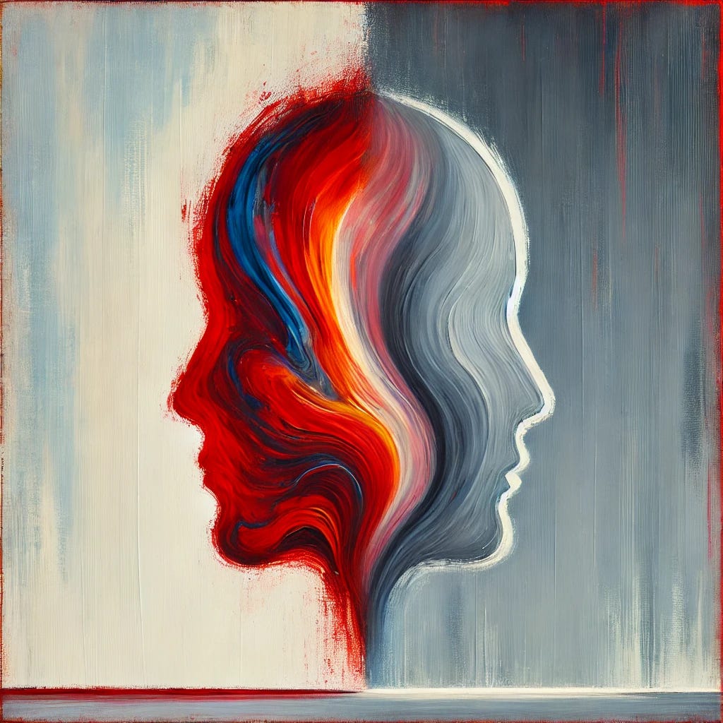 An abstract painting representing the distinction between the true and false self, inspired by Donald Winnicott's psychoanalytic theory. The main object should be a single, fluid shape that conveys raw emotion and intensity, using bold, expressive colors like red and yellow. Surrounding this form, a softer, more contained shape in muted tones like gray and blue represents the 'false self,' showing calmness and politeness. The background should be minimal, allowing the two contrasting shapes to stand out, symbolizing the balance between authentic emotional expression and societal expectations.