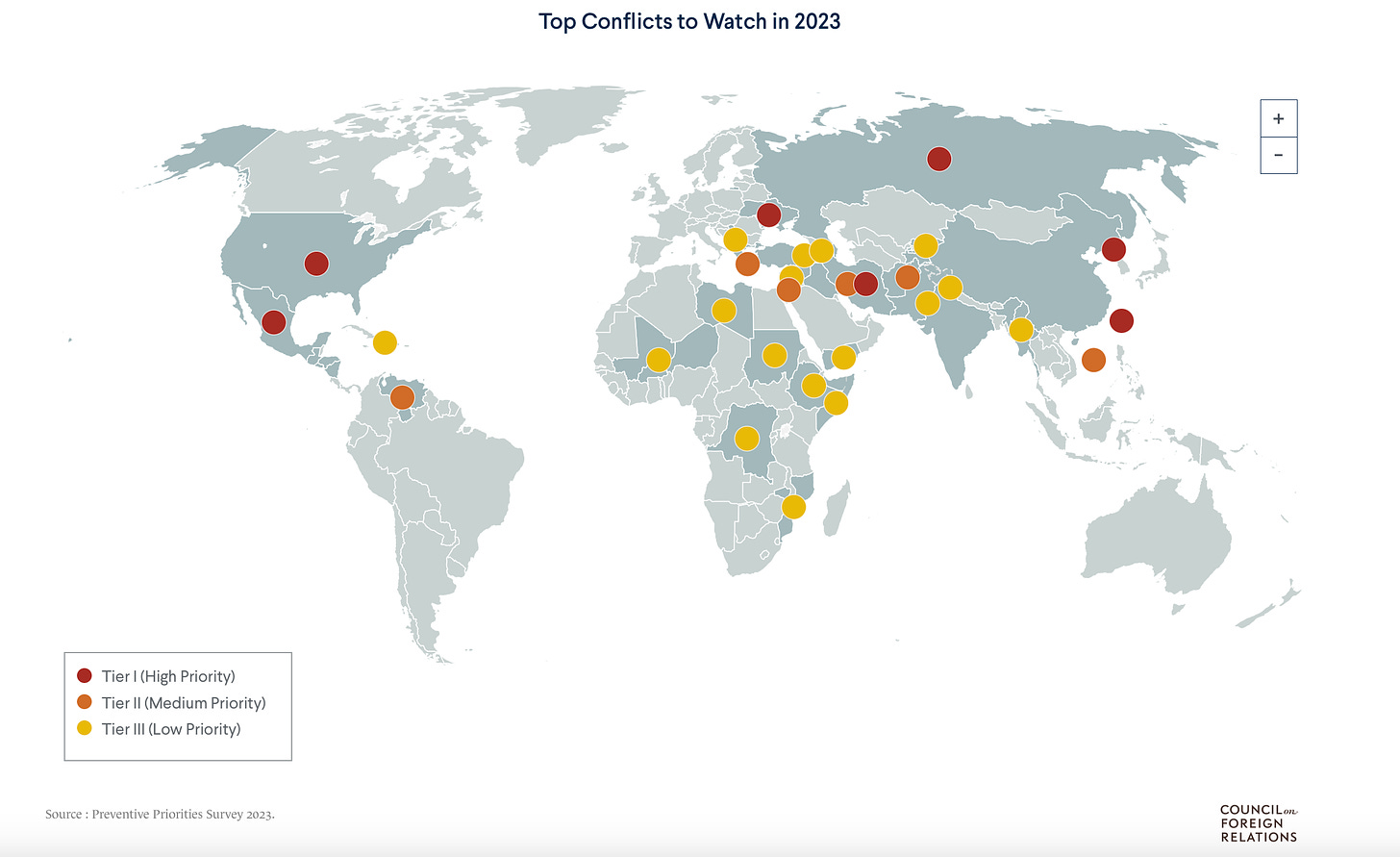 Map of the world with 30 Tier I through III markers of "Top Conflicts to Watch in 2023"