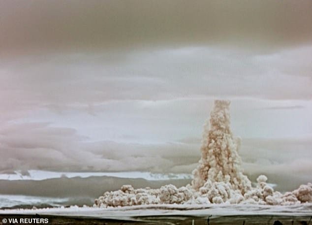 A cloud of smoke and dust rises in the sky after the so-called Tsar Bomba was detonated in a test over the remote Novaya Zemlya archipelago in USSR, in this still image from previously classified footage taken in October 1961
