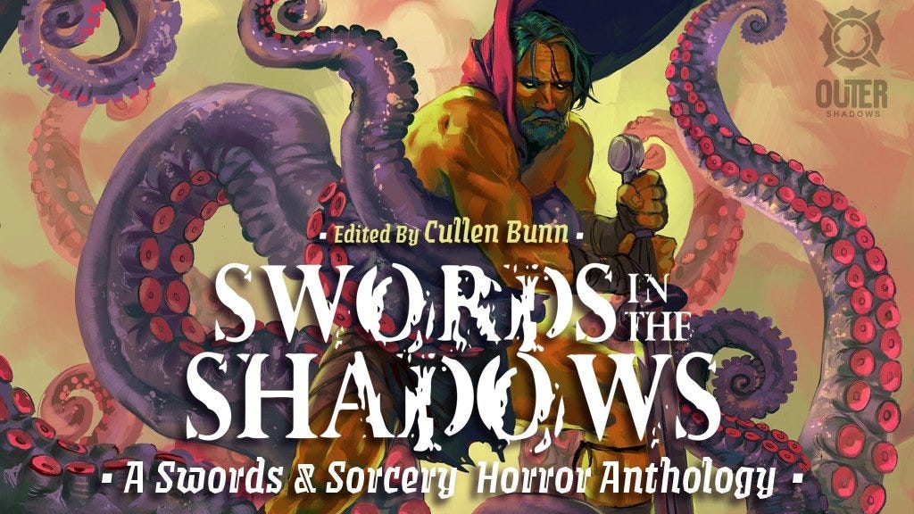 Cover to Swords in The Shadows which depicts a barbarian fighting a tentacled monster.