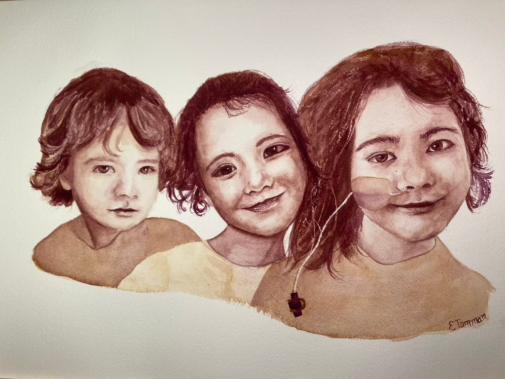 Painting of three faces of the same child at different ages.