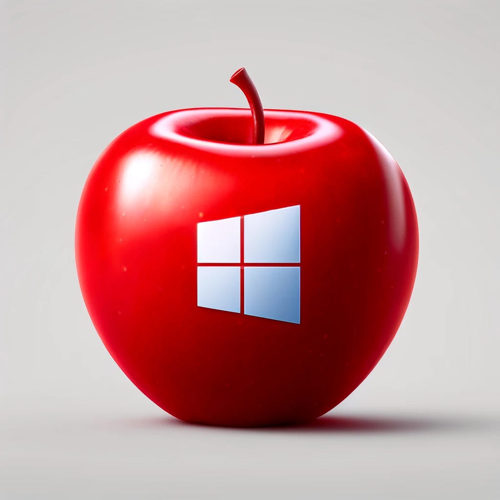 A realistic red apple with the Microsoft Windows logo prominently displayed on the front. The apple is shiny and fresh, with a smooth surface, and the Windows logo is clear and vibrant, contrasting with the natural texture of the apple's skin.