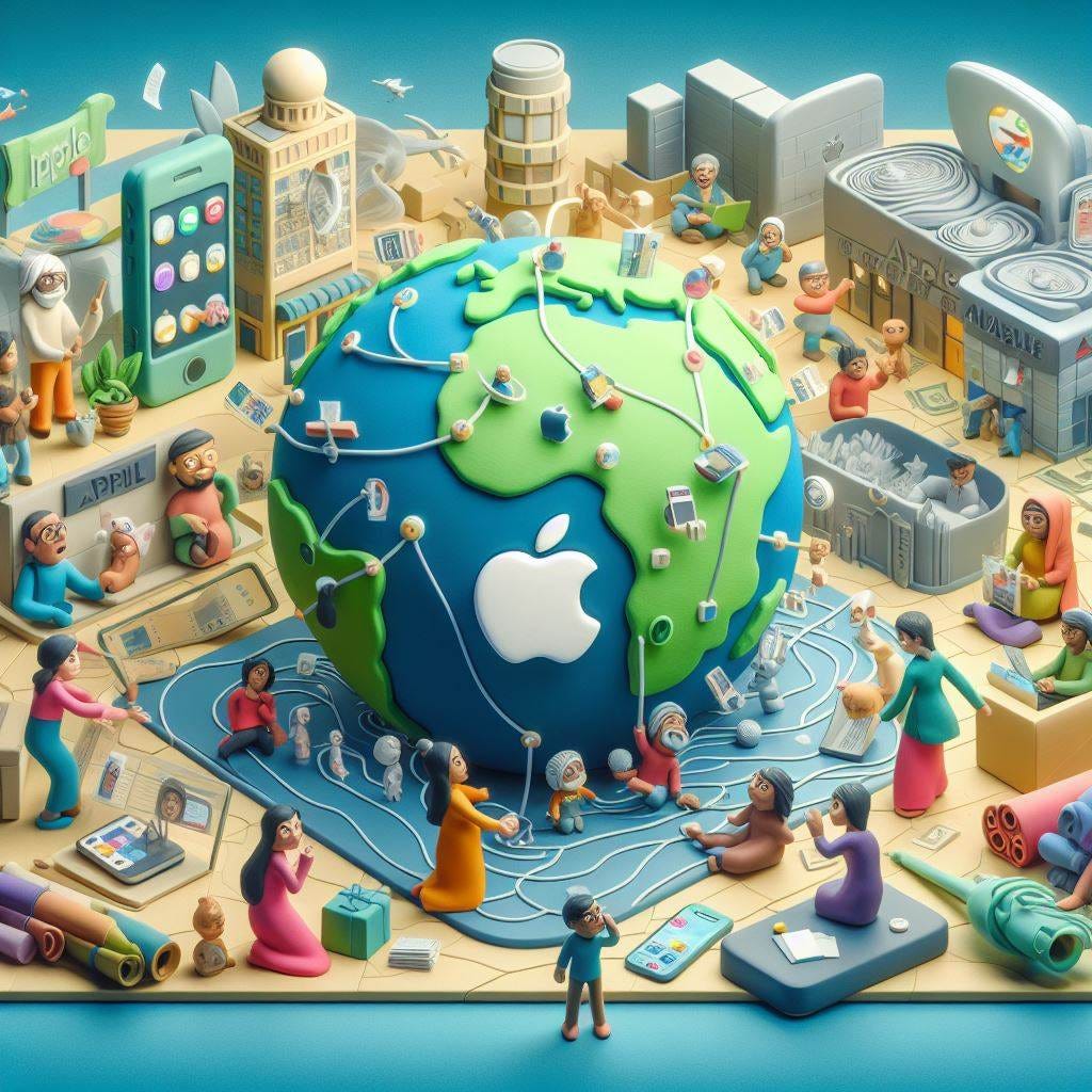 Create a claymation illustrating Apple's globalization strategy. Depict Apple products, such as iPhones, iPads, and MacBooks, being used by people of diverse cultures and backgrounds around the world. Show visual elements like Apple stores in different countries, global supply chains, and a map with interconnected lines representing Apple's global presence. Use vibrant colors and dynamic compositions