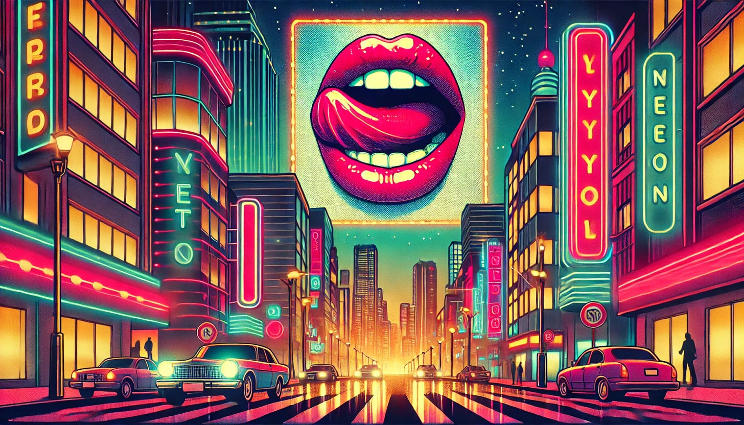 Una ilustración de estilo retro city pop de una ciudad neón durante la noche, con edificios altos iluminados por luces de neón de colores brillantes. En el centro, un enorme anuncio luminoso que muestra una boca femenina estilizada sacando la lengua, con colores vibrantes como rojo, rosa y púrpura. La escena tiene un ambiente futurista y nostálgico, con coches y peatones típicos de una ciudad nocturna. El cielo está lleno de luces y reflejos, creando un ambiente dinámico y lleno de energía visual.