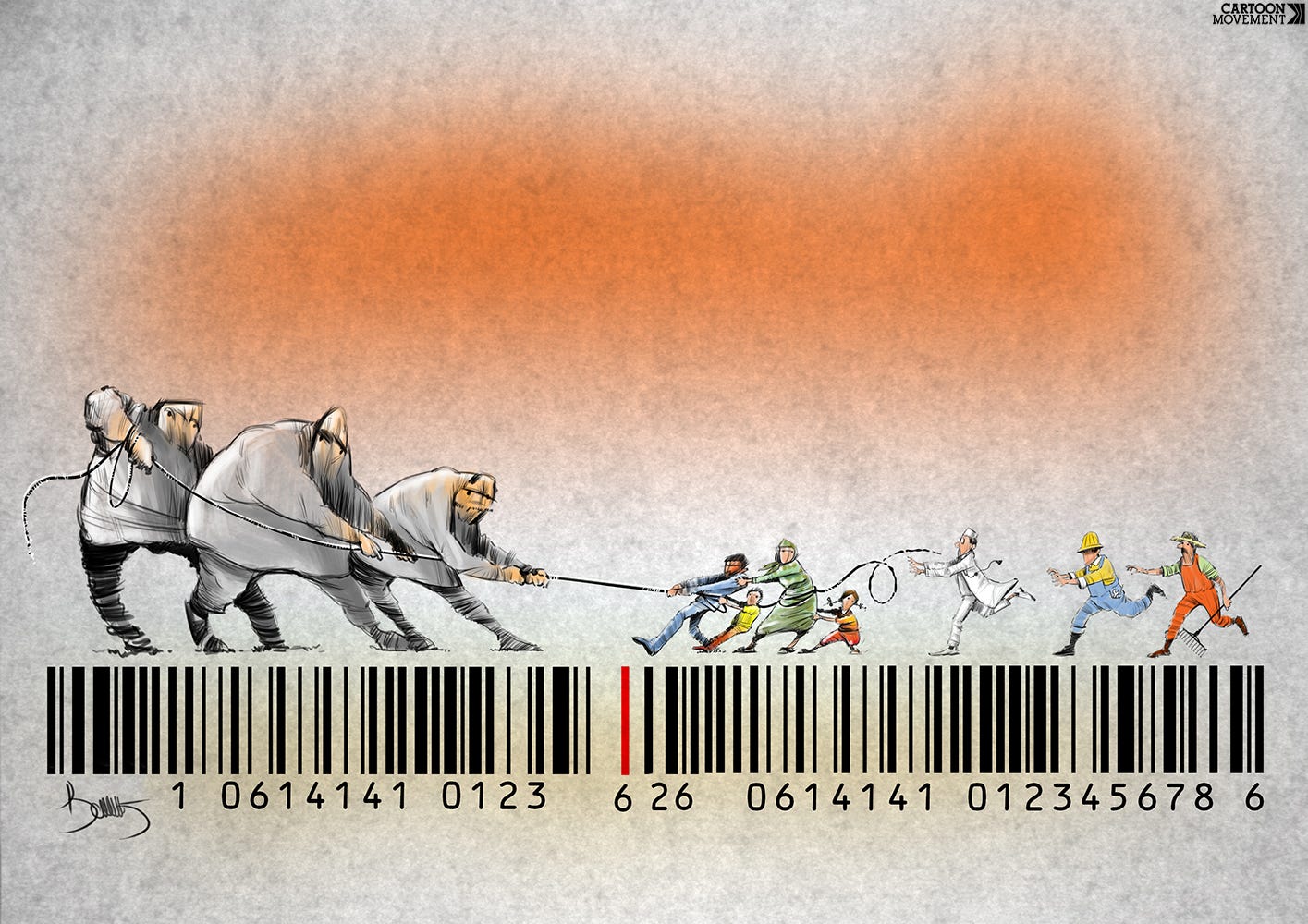 People are engaged in a tug of war on top of a giant bar code. On the one side, we see  big people, representing the 1% of very wealthy. On the other side, we see normal people. More people are joining this side, as a doctor, construction worker and farmer rush into the scene to help in the struggle against the rich.