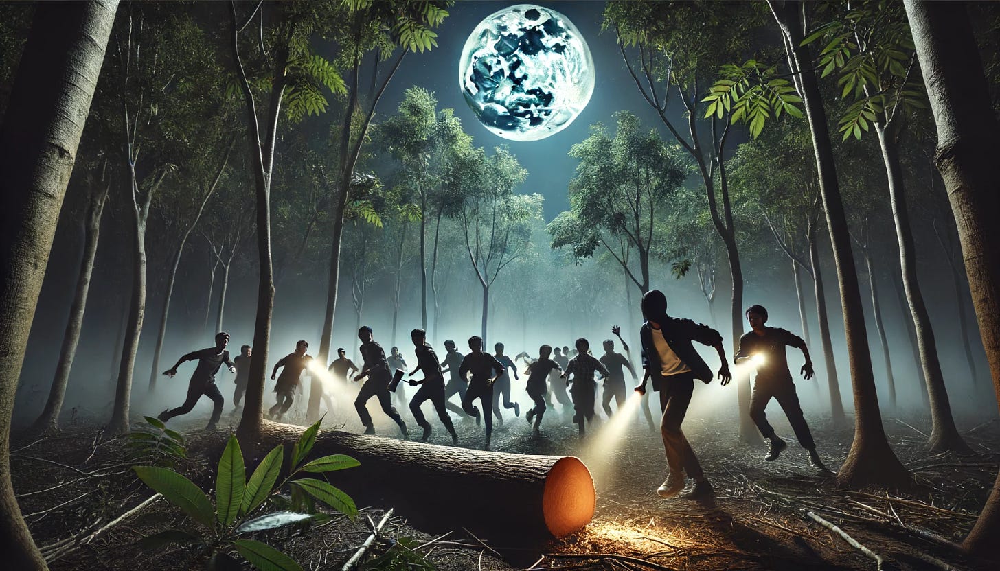A dramatic nighttime scene in a forest where a small group of thieves is cutting down a sandalwood tree. The moonlight casts shadows on the scene, making it mysterious and tense. In the background, a group of determined college students is chasing the thieves, with some holding flashlights and others carrying sticks. The students are wearing casual clothing, and the thieves are dressed in dark, inconspicuous clothes. The forest is dense with trees and bushes, adding to the sense of urgency and danger.