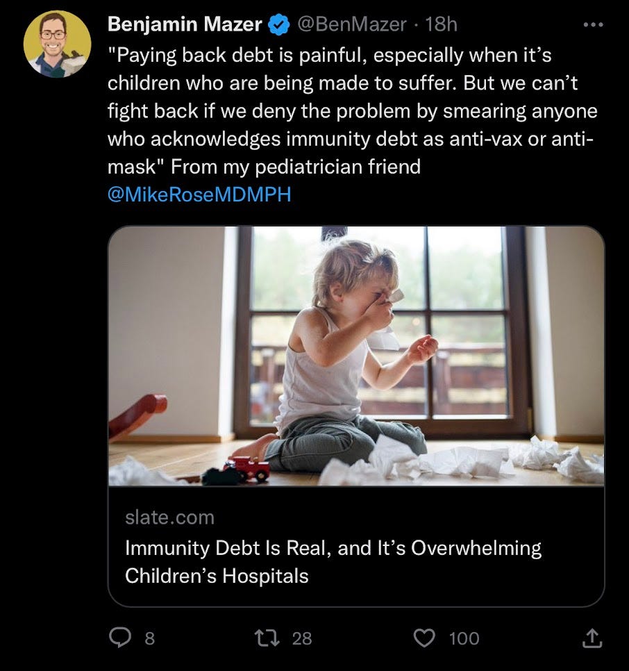 Benjamin Mazer tweets a quote from Mike Rose: "Paying back debt is painful...but we can't fight back if we deny the problem by smeariny anyone who acknowledges immunity debt as anti-vax or anti-mask"