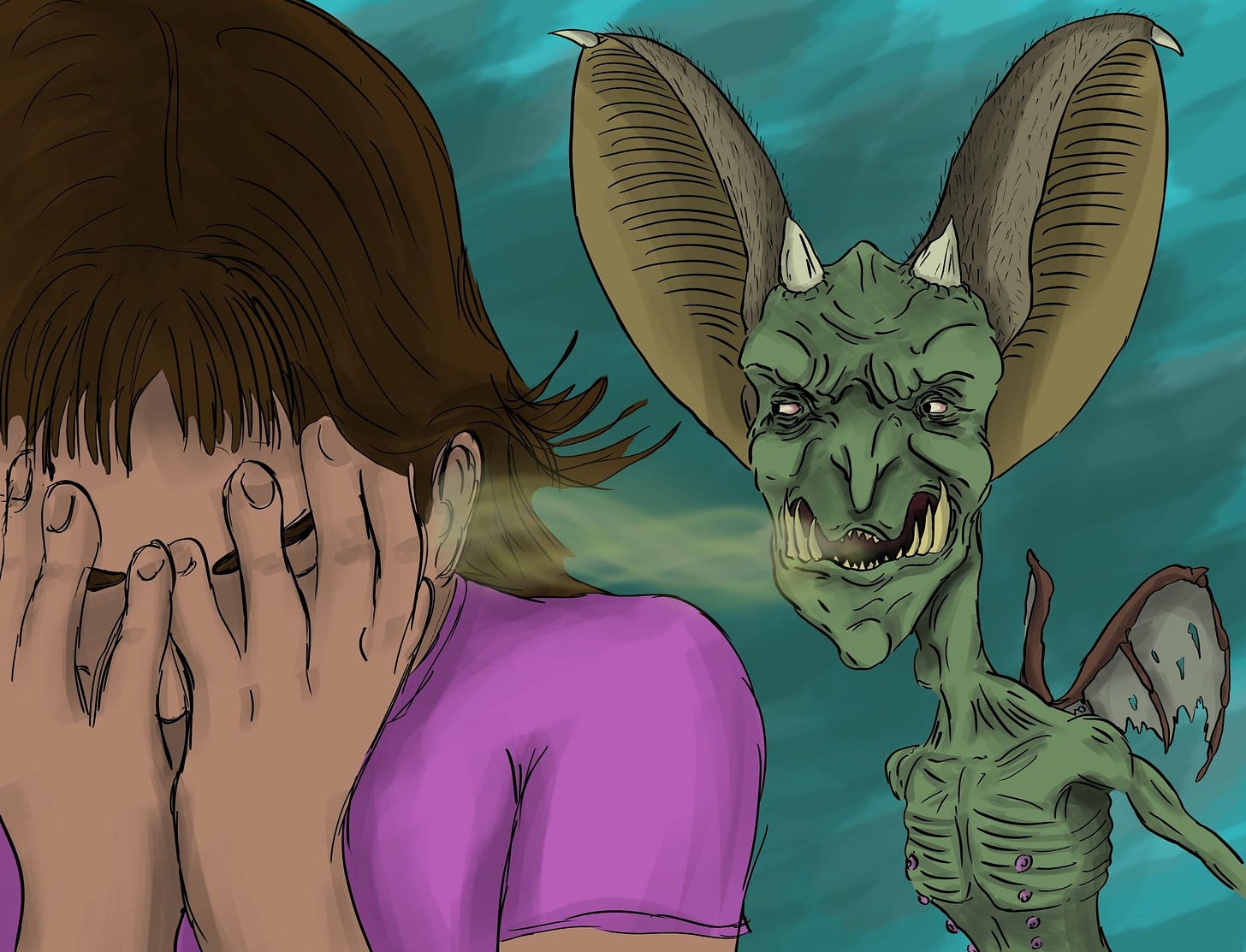 A woman with short brown hair wearing a pink top. She has her head in her hands while a nasty looking green creature with large bat-like ears is whispering mean things to her