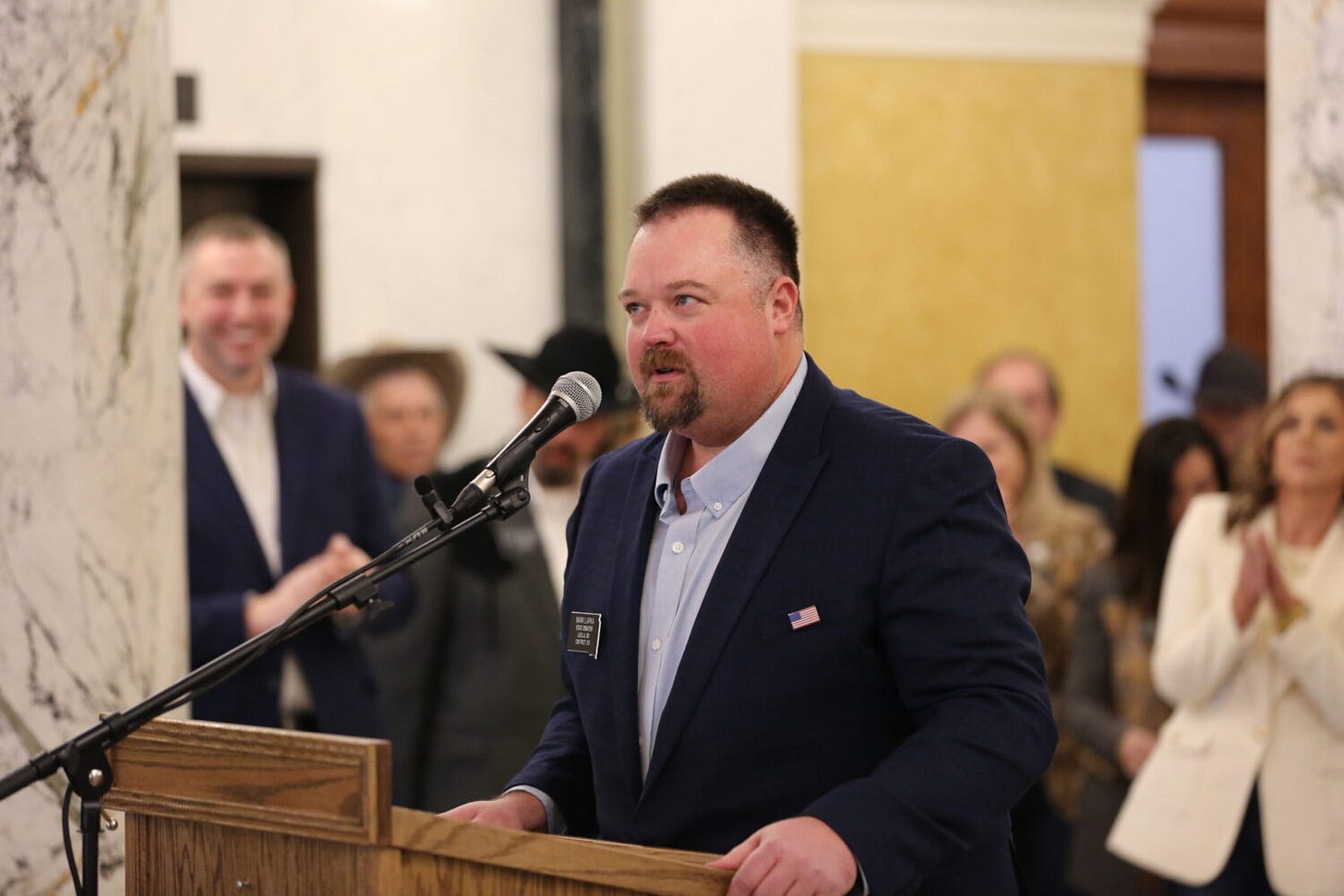 Sen. Mark Lapka, R-Leola, speaks during a rally in Pierre on Jan. 3, 2025. (Joshua Haiar/South Dakota Searchlight)