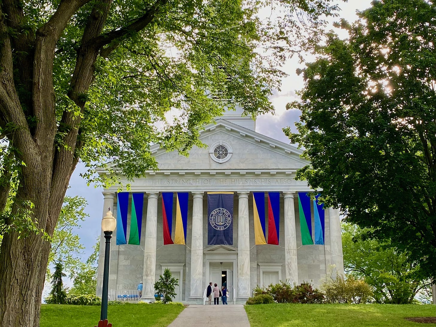 Middlebury College Mead Chapel with banners