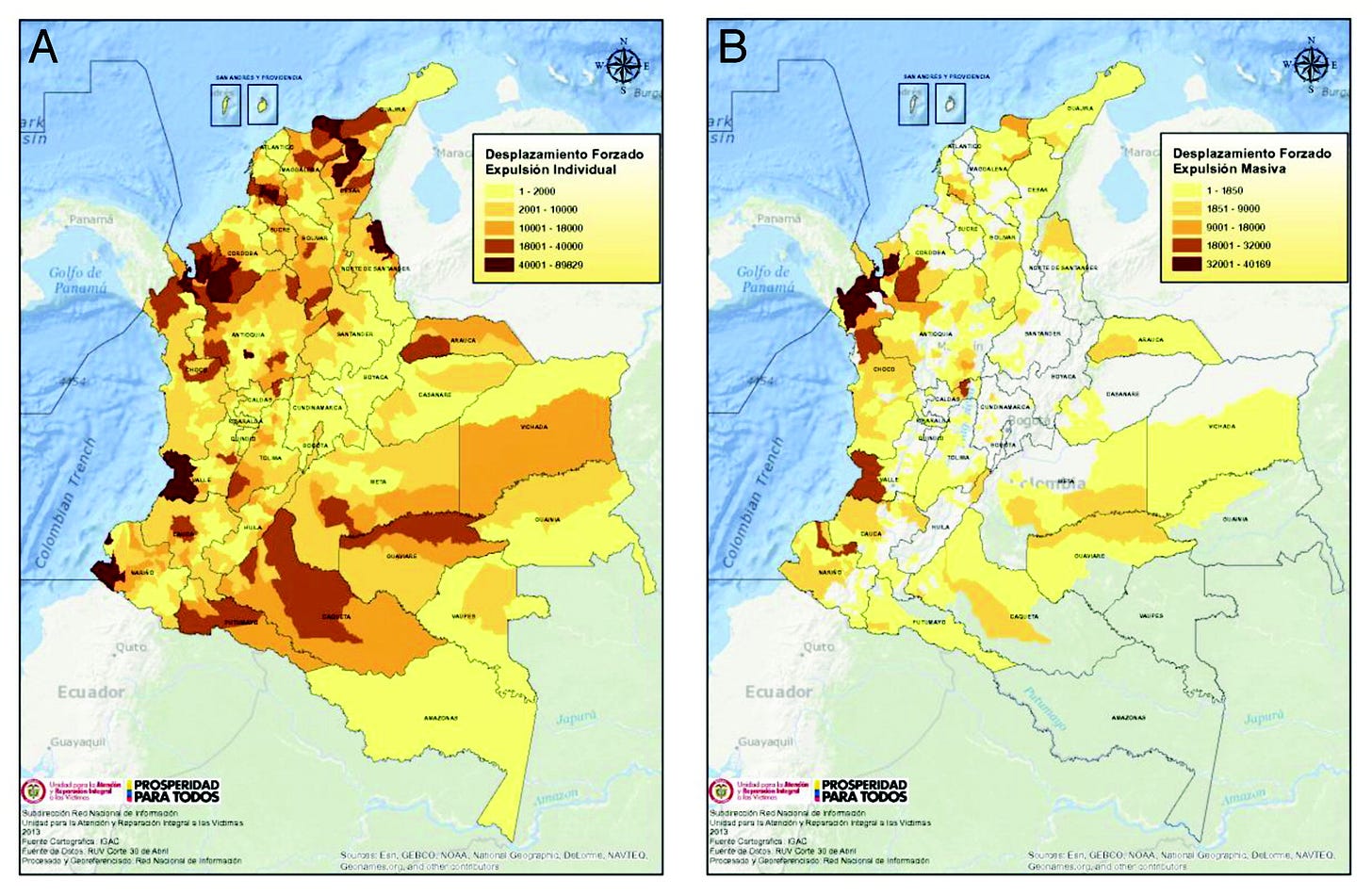 Fig. 2 - Geographic distribution of individual expulsions (A) and mass expulsions (B), 2012 (Source: Internal Displacement in Colombia, 2014)