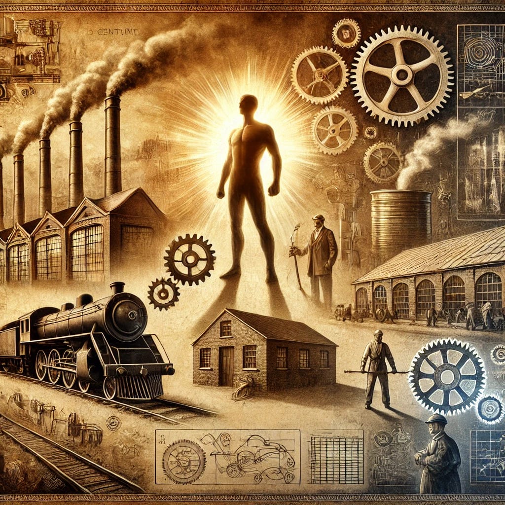 An artistic depiction of the 19th century, showcasing the optimism of the Industrial Revolution. The image features factories with smoke billowing, steam-powered machinery, and people at work, symbolizing progress and innovation. In the foreground, a figure representing the self-made man is shown confidently standing with tools or a blueprint, illuminated by sunlight. Surrounding the figure are elements of industrialization like gears, railroads, and buildings, all representing the era's rapid growth and optimism.