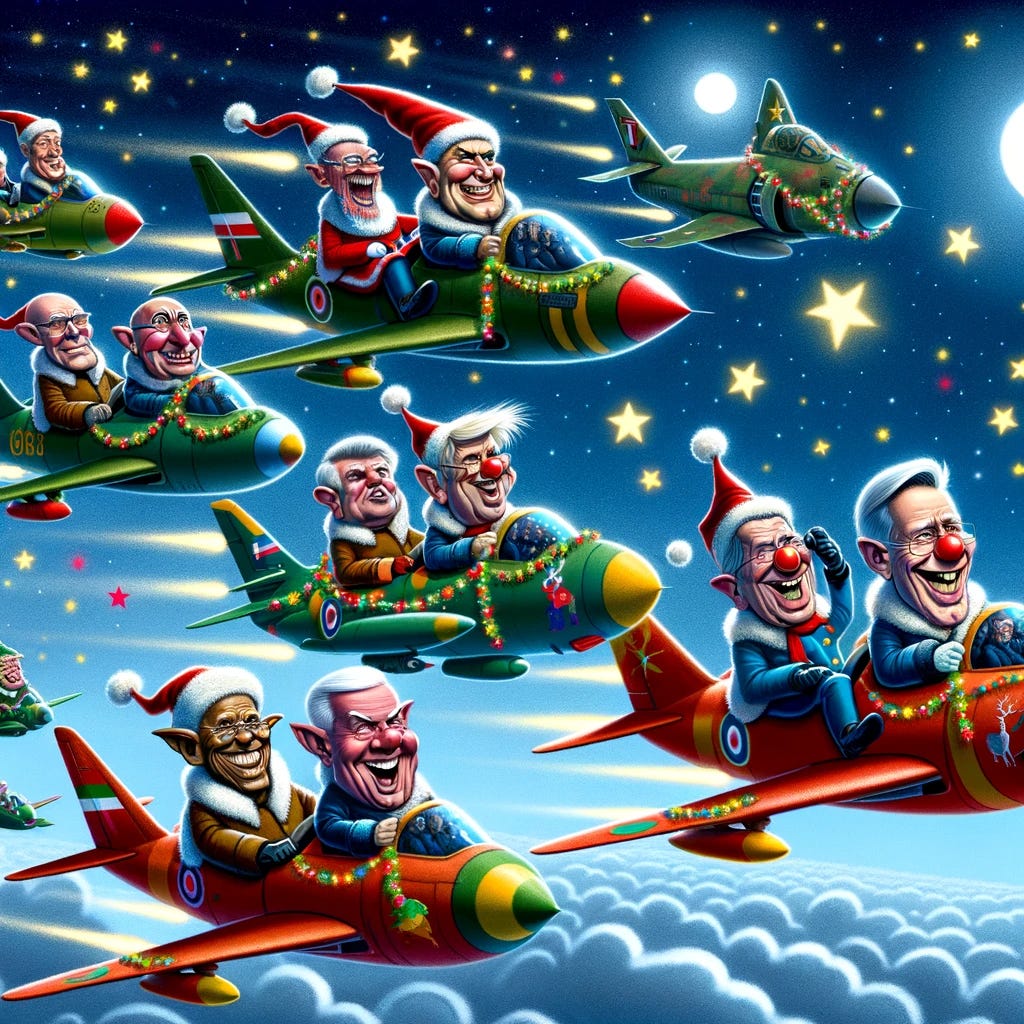 Billionaires and world leaders riding jets dressed up in Christmas style