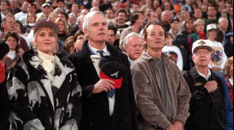 WORLD SERIES GAME 6 10/28/95: Standing for the national anthem are (L-R), Jane Fonda, Ted Turner, actor Bill Murray ,and former president Jimmy Carter. (AJC photo/Jonathan Newton)