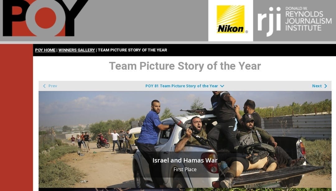 May be an image of 9 people and text that says 'POY HOME WINNERS_GALLERY WINNERS TEAM PICTURE STORY OF THE YEAR REYNOLDS JOURNALISM Nikon rji DONALD INSTITUTE rev Team Picture Story of the Year ΡΟΥ Team Picture Story of Year Next Israel IsraelandHamasW and Hamas War First Place'
