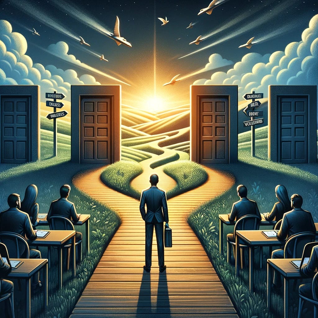 Create an image that visually represents the quote: “Tom Perkins’s dictums: you succeed in venture capital by backing the right deals, not by haggling over valuations.” The picture should symbolize the essence of making wise investment decisions in the world of venture capital. Visualize a scene where an investor is depicted choosing paths or doors, each representing different deals, with one path or door clearly standing out as the 'right deal' without focusing on the numerical valuations. This should convey the concept of focusing on the potential of the venture rather than getting caught up in the numbers. The overall aesthetic should be professional and inspire confidence in the decision-making process, embodying the strategic mindset of successful venture capitalists.