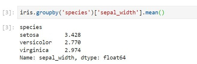 Example of applying groupby() function in Pandas in a Jupyter notebook for Python. The example dataset is "iris" from the Seaborn package.